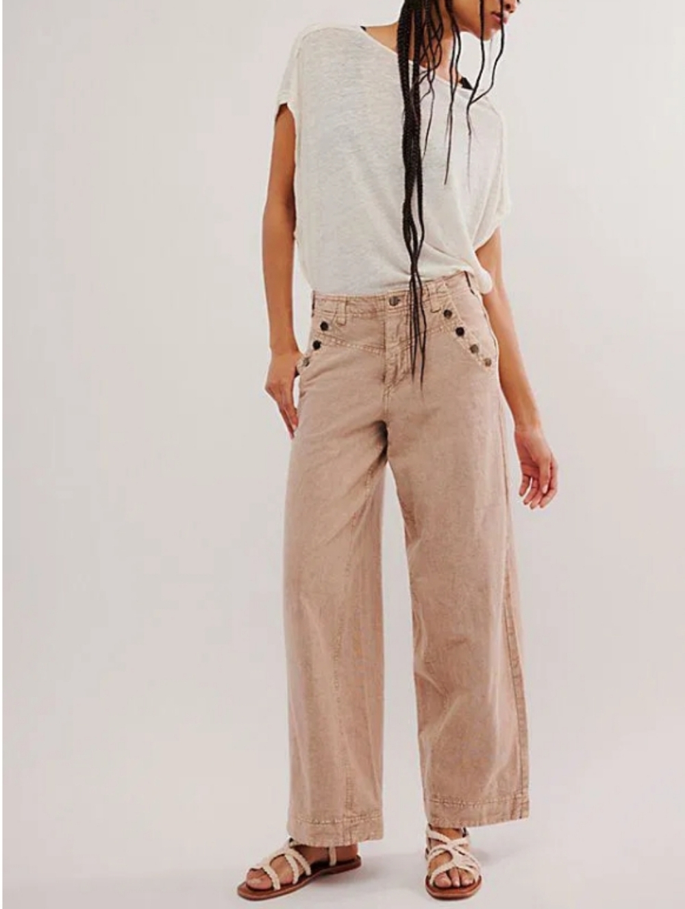 Free People High-Rise Wide Leg Pants in Light Taupe - Picture 1 of 3